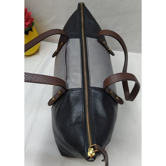 Fossil Colorblock Black Gray Pebbled Leather Double Handle Satchel Shoulder Bag - Picture 9 of 16